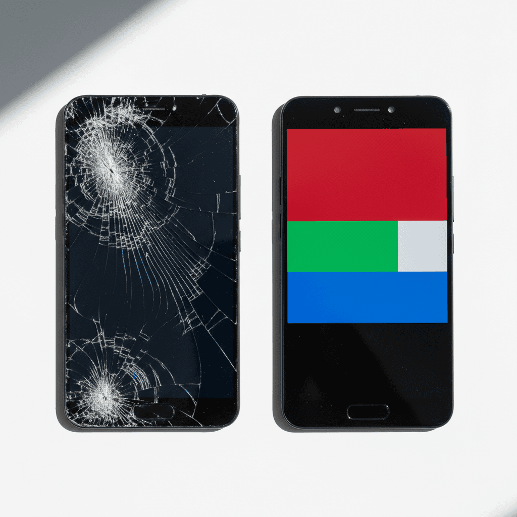 Damaged smartphone screen beside pristine replacement screen showing contrast in repair quality