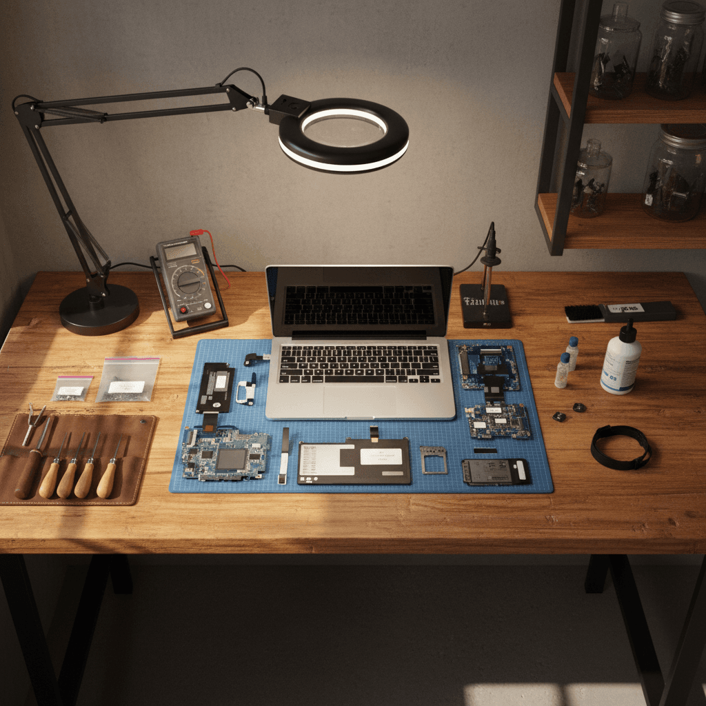Overhead view of a workbench with disassembled laptop components and precision repair tools organized neatly