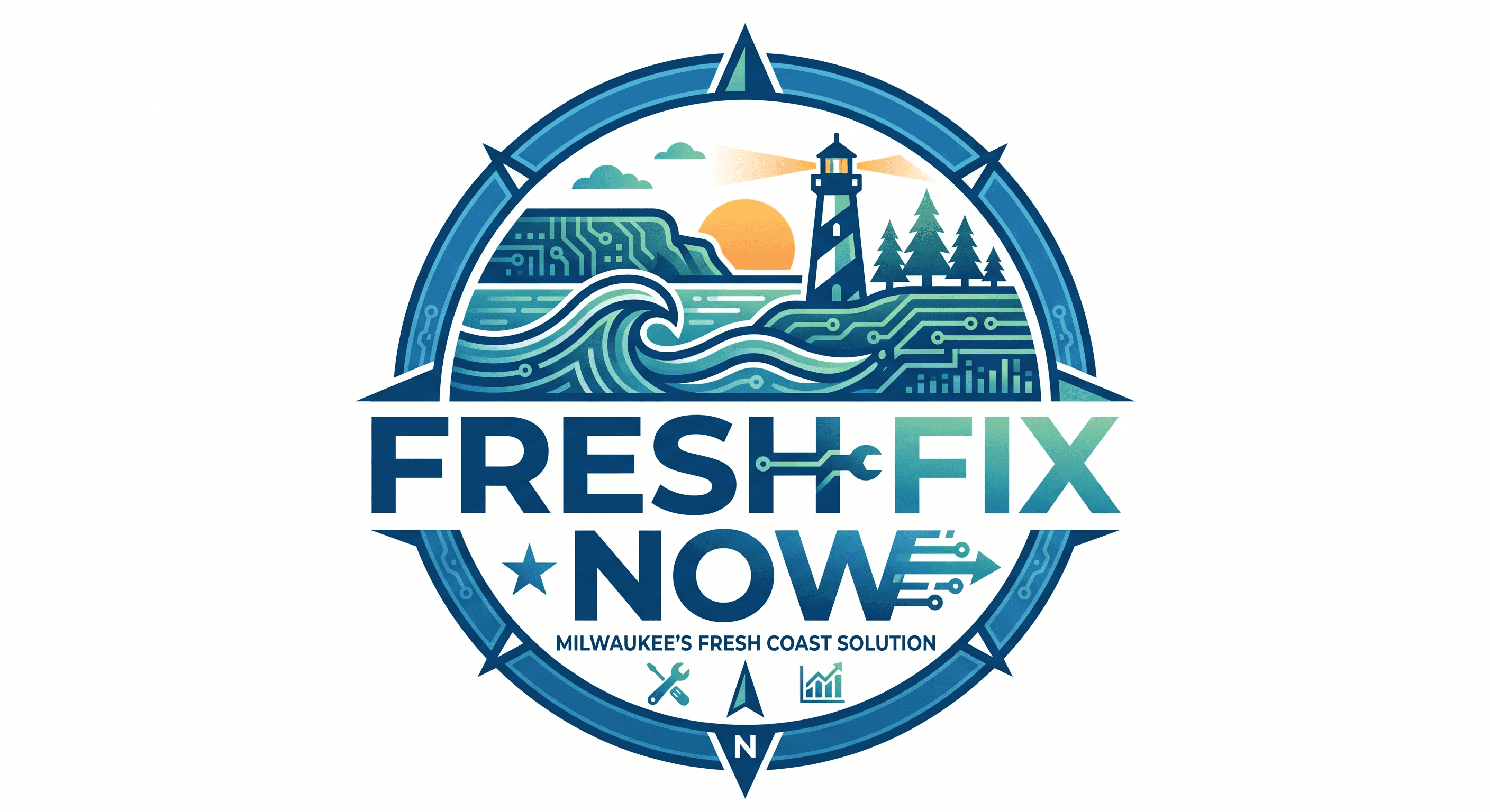 Fresh Fix Now logo featuring a nautical compass, lighthouse, waves, and circuit board patterns.