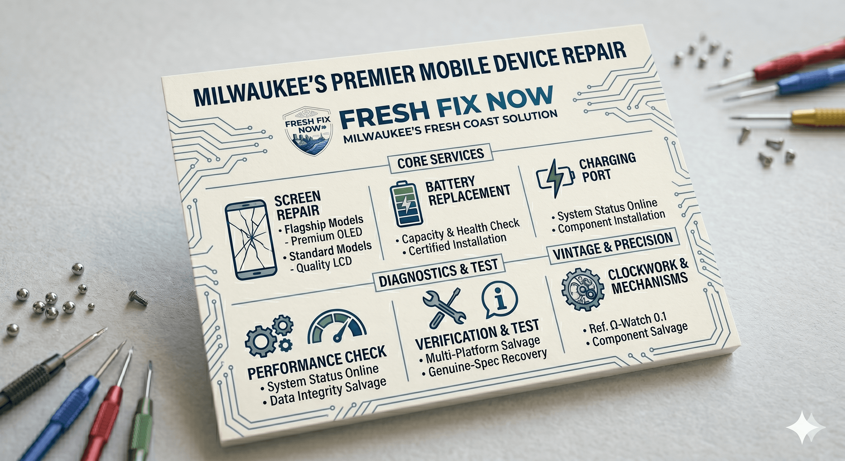 Milwaukee's Fresh Fix Now mobile device repair flyer listing services, surrounded by precision tools.